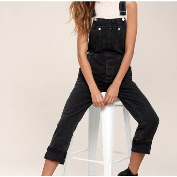 Free People We The Free Women's Mid Rise Denim Jean Overalls, Size 26 Charcoal